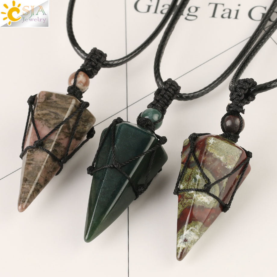 CSJA Natural Stone Cone Pendants Crystal Quartz Black Rope Wrapped Treatment Stones Necklace for Men Female Fashion Jewelry G173