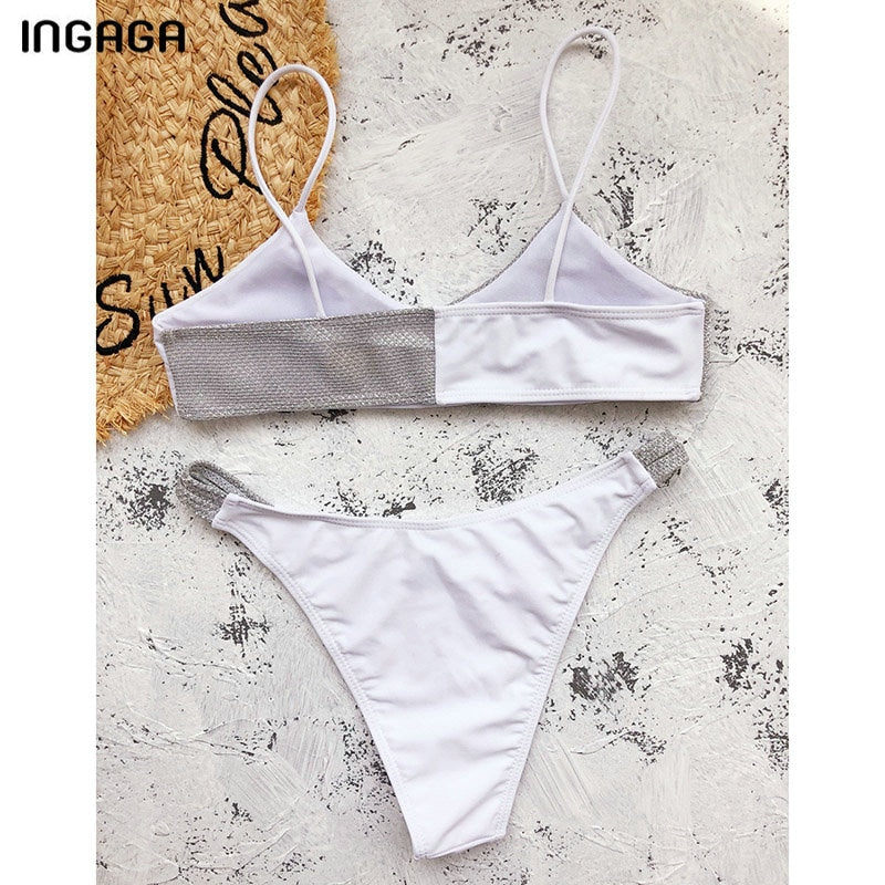 INGAGA Shiny Swimwear Bikini Women's Swimsuits Push Up Biquini High Waist Bikinis High Cut Bathing Suits 2021 New Patchwork