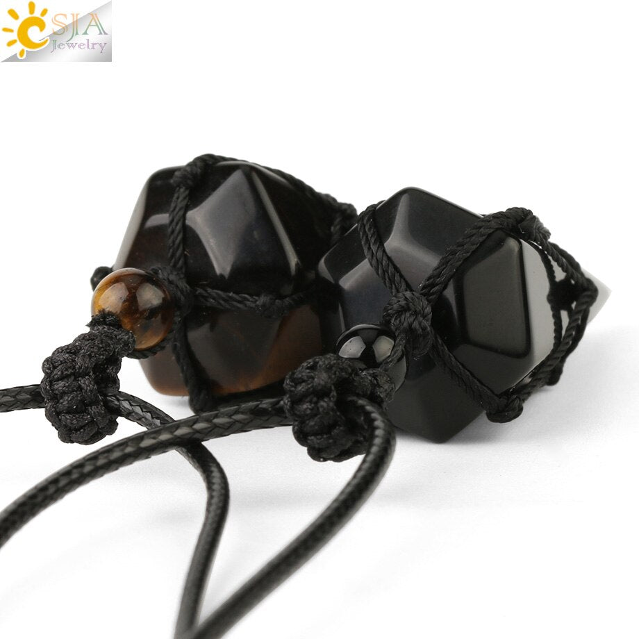 CSJA Natural Stone Cone Pendants Crystal Quartz Black Rope Wrapped Treatment Stones Necklace for Men Female Fashion Jewelry G173