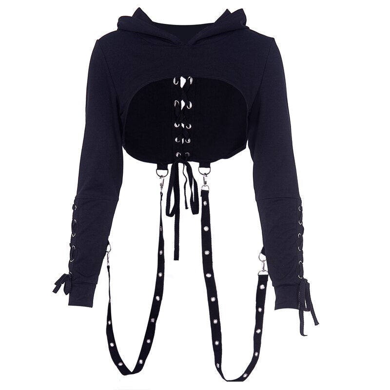 Annu Attire Women's Goth Black Long Sleeve Back Lace Hoodie Tie Up