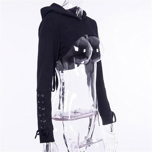 Annu Attire Women's Goth Black Long Sleeve Back Lace Hoodie Tie Up