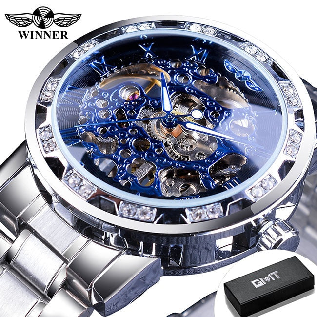 Men's Transparent Diamond Luminous Gear Movement Luxury Wristwatch with Mechanical Skeleton