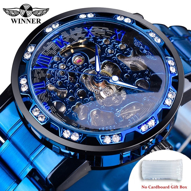 Men's Transparent Diamond Luminous Gear Movement Luxury Wristwatch with Mechanical Skeleton