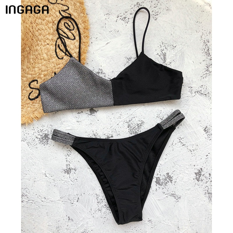 INGAGA Shiny Swimwear Bikini Women's Swimsuits Push Up Biquini High Waist Bikinis High Cut Bathing Suits 2021 New Patchwork