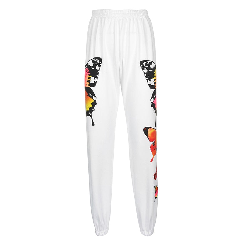 White Casual Loose Track Pants Joggers High Waist Sweatpants Women Butterfly Print Harajuku Long Trousers Streetwear