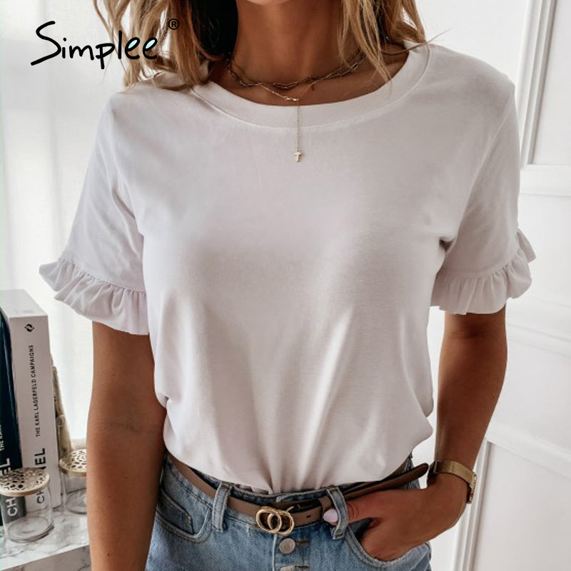 ANNU ATTIRE Simplee casual ruffles short sleeve plus size shirts women solid loose t shirt all-match top ladies 2020