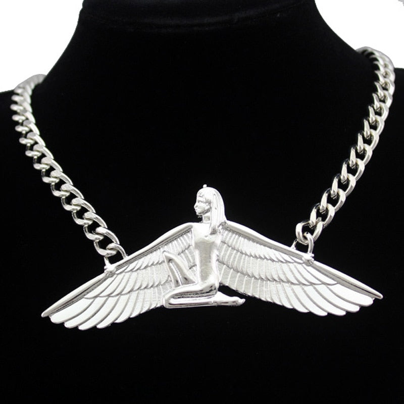 Isis Ankh Wing Chunky Choker Colar Link Chain Necklace  Women Vintage Egyptian Wicca Pagan Indina Jewelry