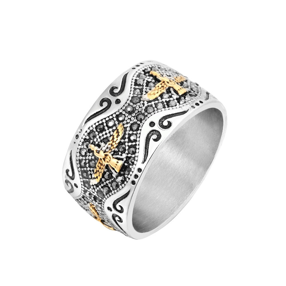 Hot Sale Zoroastrianism eagle Rings with zircon Men Rock Punk 316L stainless steel Color Golden Silver Ring Finge