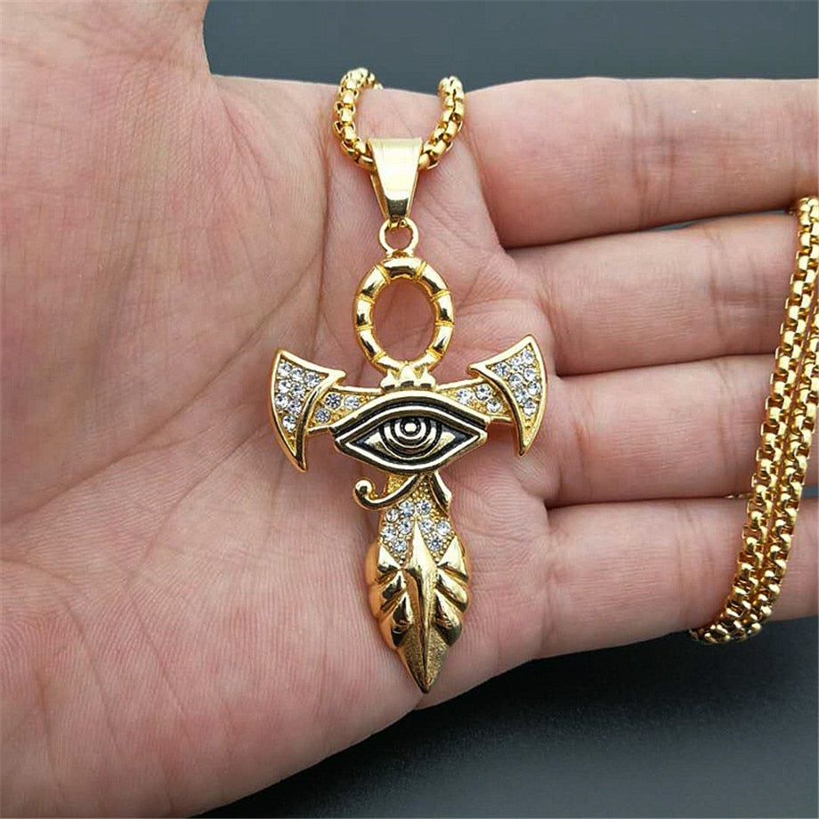 Egyptian Ankh Cross Pendant Necklace For Women/Men Gold Color Stainless Steel Eye of Horus Necklace Iced Out Bling Egypt Jewelry