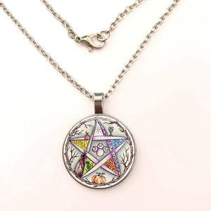 New Style Esoteric Pentagram Necklace Vintage Wicca Star Tree of Life Crystal Glass Pendant Chain Necklace Handmade Artwork