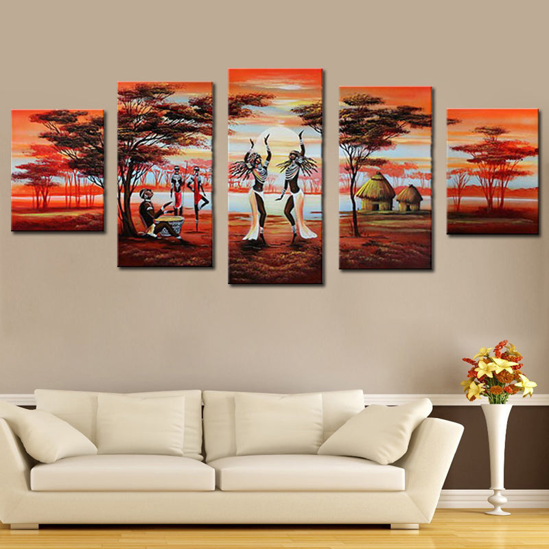 Modern 5 Panel Group Oil Paintings African Dancing Hand Painted Landscape Canvas Painting Unframed