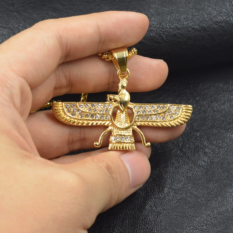 Gold color Ahura Mazda Farvahar Zoroastrian Persian stainless steel pendant necklace