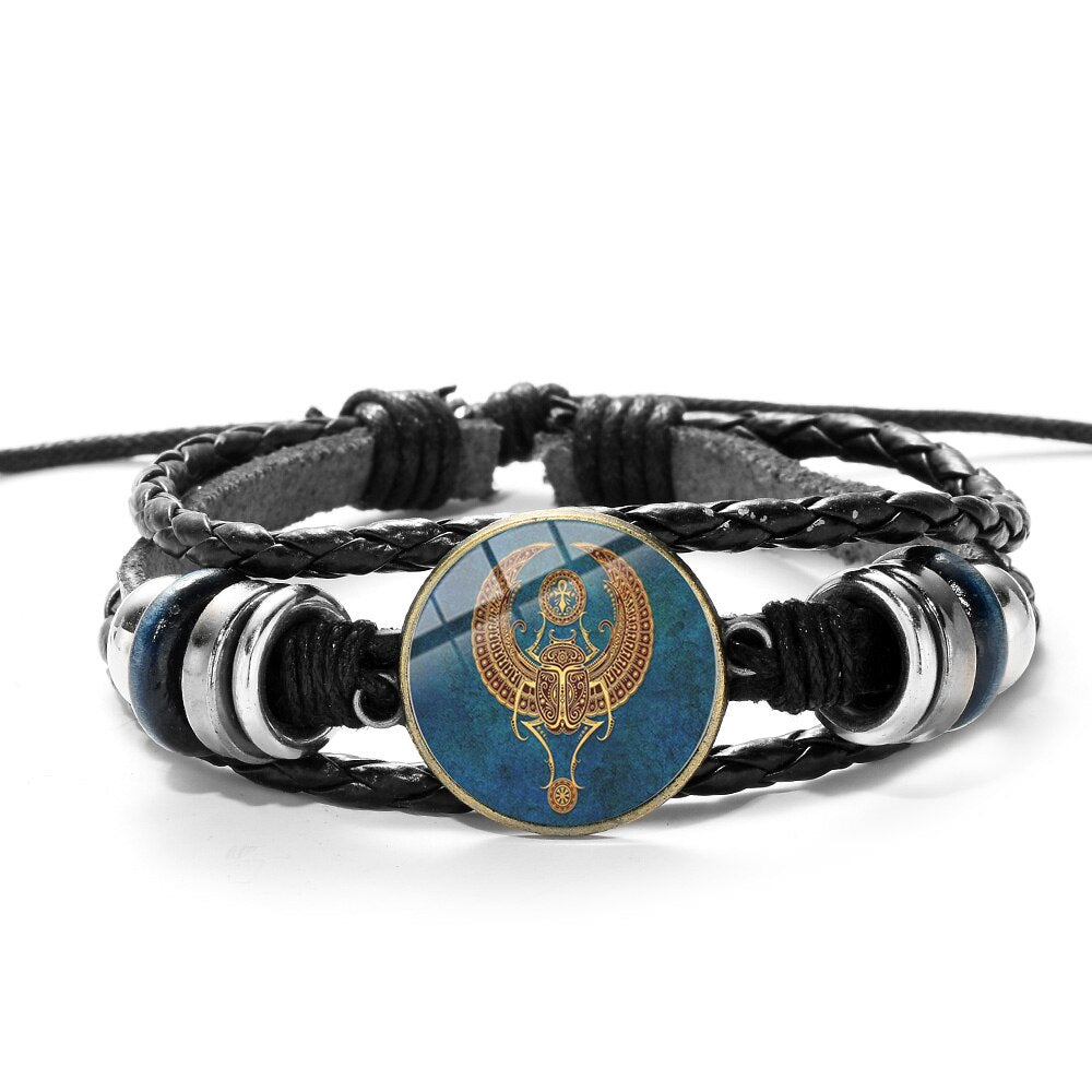 SONGDA Egyptian Ankh Cross Scarab Bracelet Ancient Egypt Beetle Symbol of Strength Woven Leather Wristband Unisex Amulet Jewelry