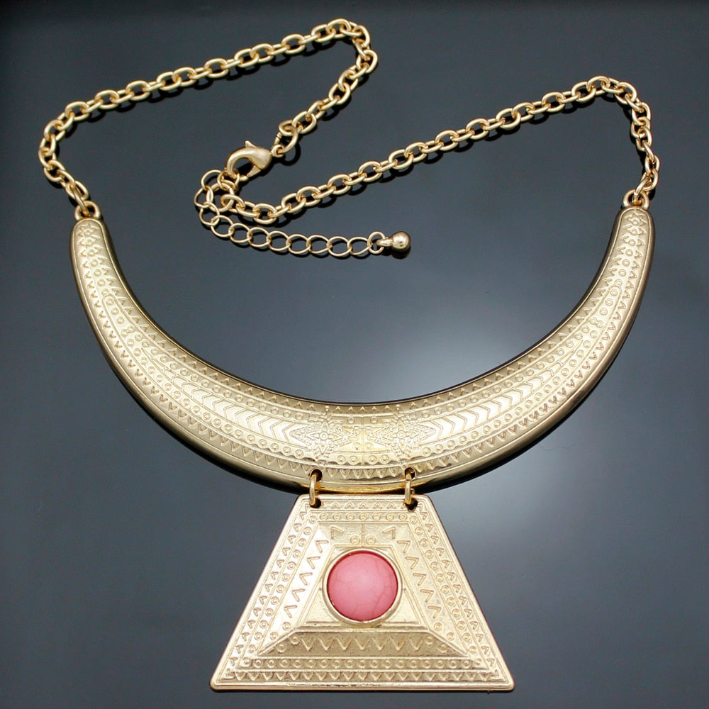 AZTEC Gold Egyptian Queen Cleopatra Pharaoh Illuminati Pyramid Bib Maxi Statement Pendant Necklace Choker Colar Necklace