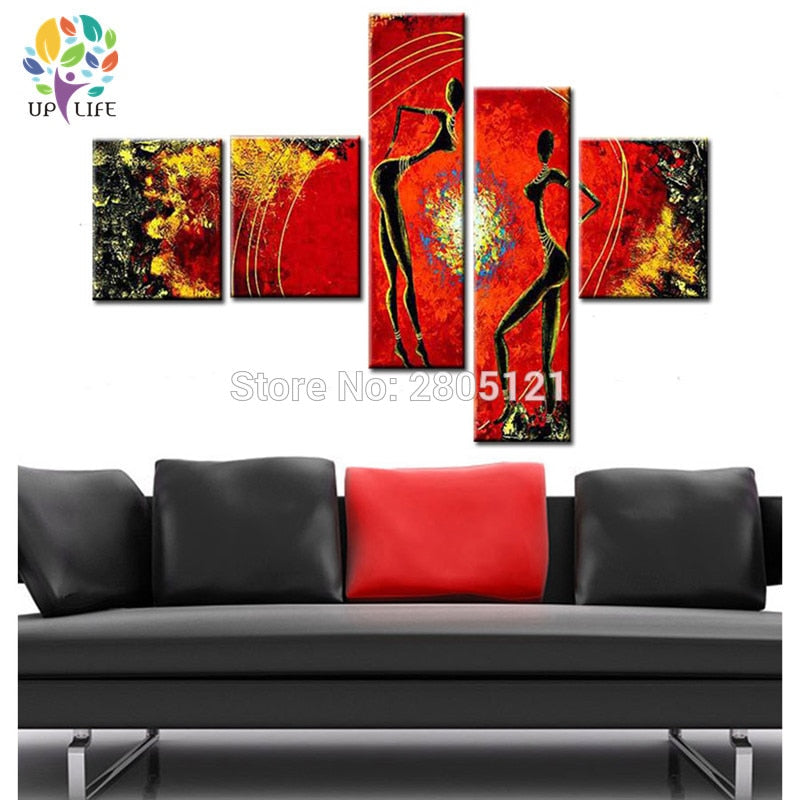 hand made 5 panel wall art red Abstract african tribal nude dancer Bonfire party Oil Painting