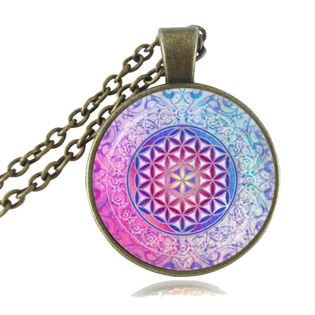 Sacred Geometry Photo Necklace Flower of Life Pendant Hexagon Geometric Jewelry Om Chakra Sweater Necklace Reiki Healing HZ1