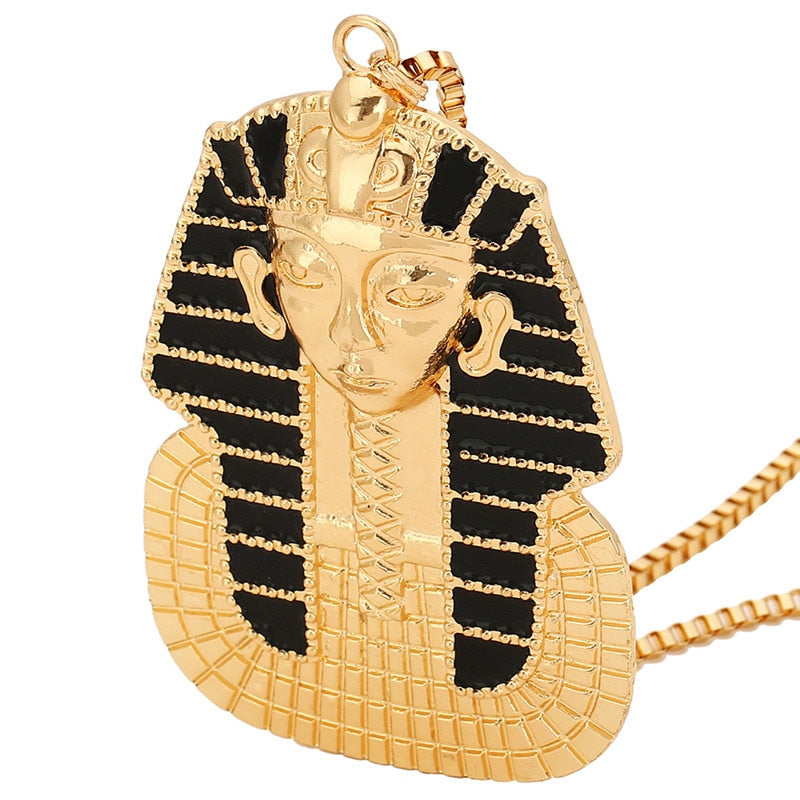 Black Enamel Tutankhamun  Egyptian Pharaoh Head Pendant Necklace Hip Hop Jewlery