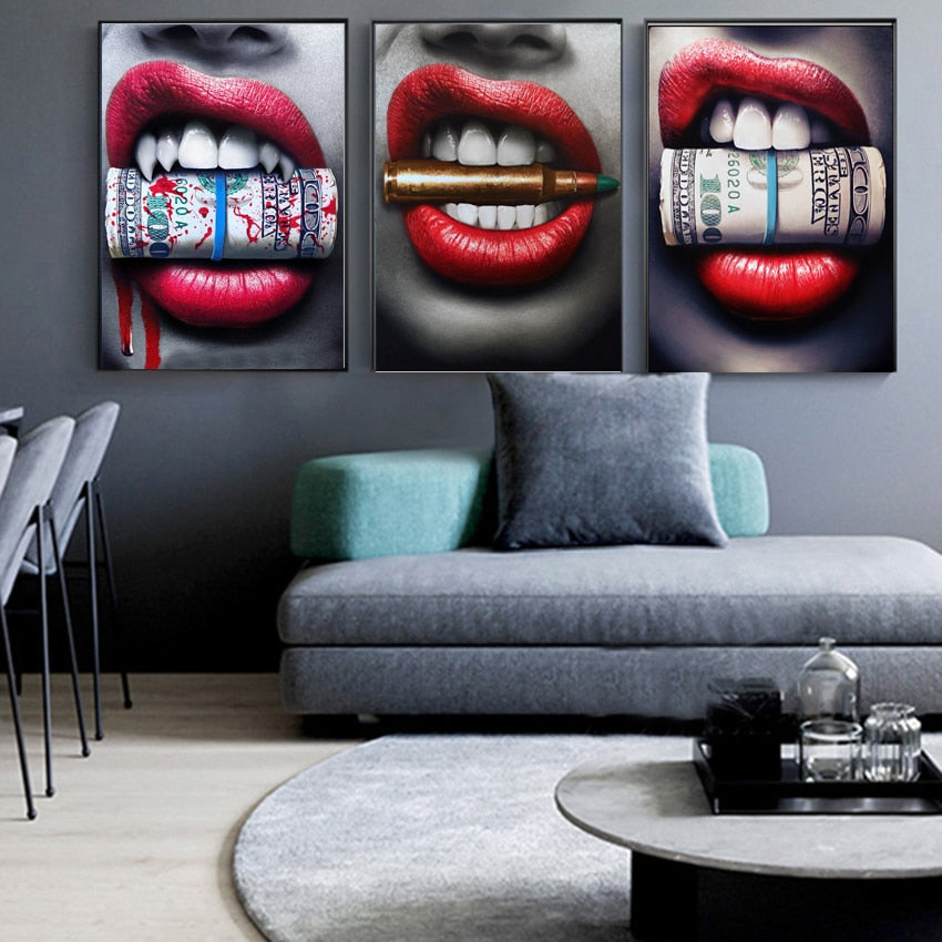 Red Lips with Money Bullet Poster Oil Painting on Canvas Sexy