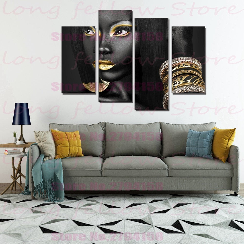 Egyptian Queen Beauty Black Woman Portrait Wall Art Canvas Print Golden Picture Painting for Office Hallway Home Wall Decor Gift